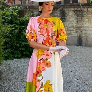 STYLEWE Pink and Yellow Puff Sleeve Maxi Sundress